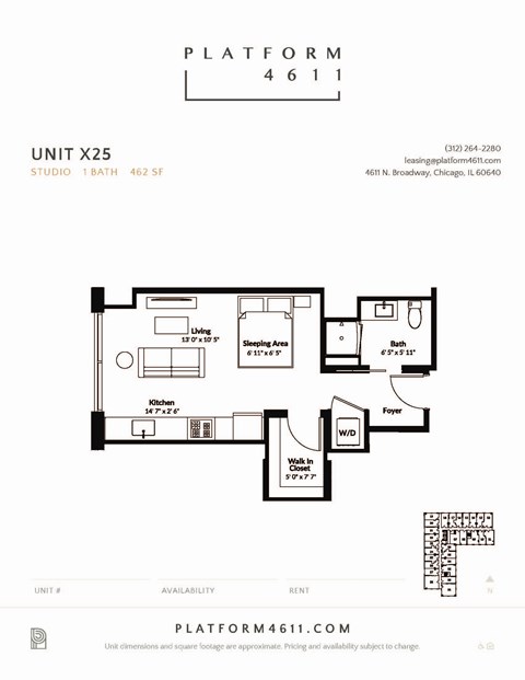 Floor plan for studio, 1 bath, 463 sqft